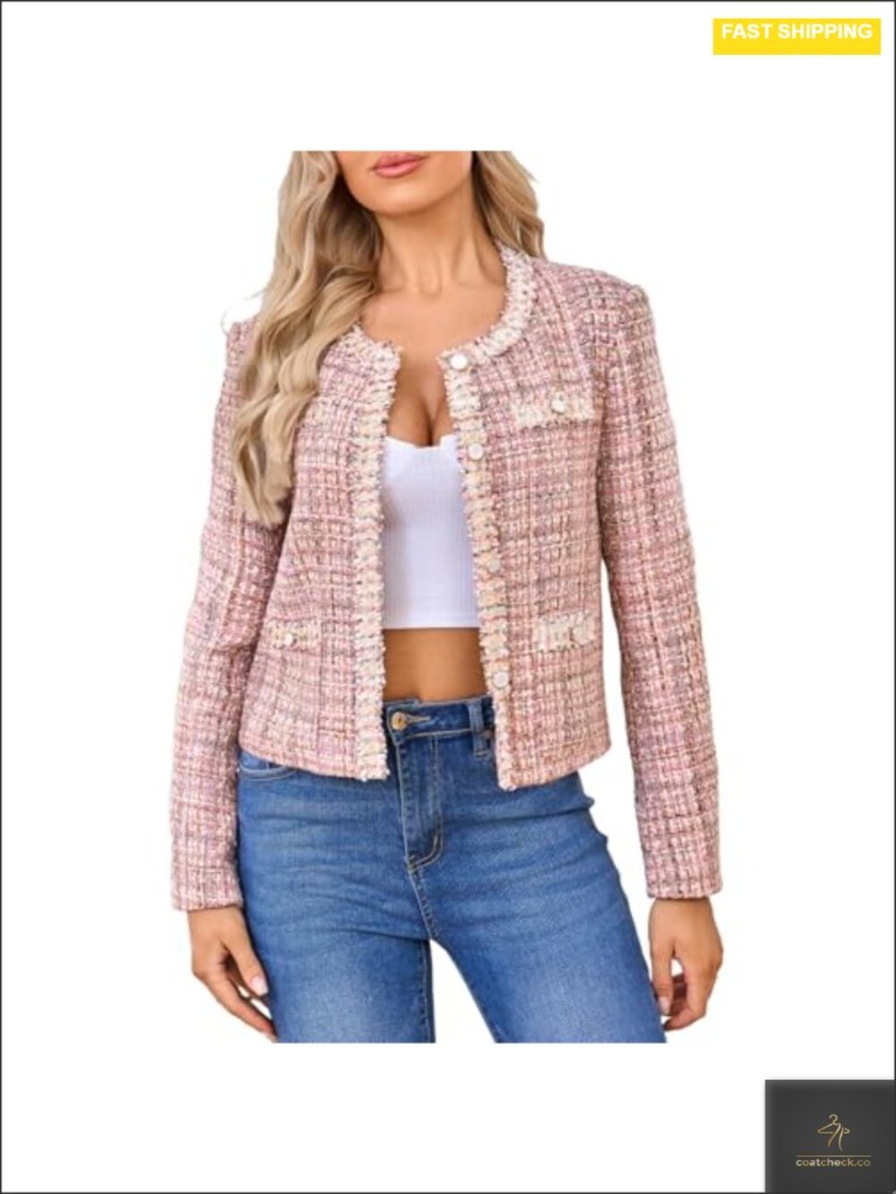 Women's Cropped Tweed Blazer Open Front Lace Trim Plaid Lightweight